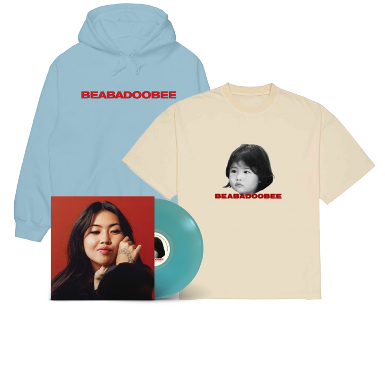 Beabadoobee / This Is How Tomorrow Moves LP Exclusive Alternative Cover & Sea Glass Blue Vinyl, Blue Hoodie & Cream T-Shirt Bundle