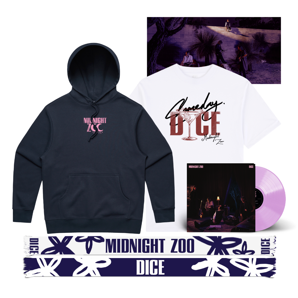 DICE / Midnight Zoo LP Clear Pink Vinyl, Hoodie, T-Shirt & Scarf Bundle