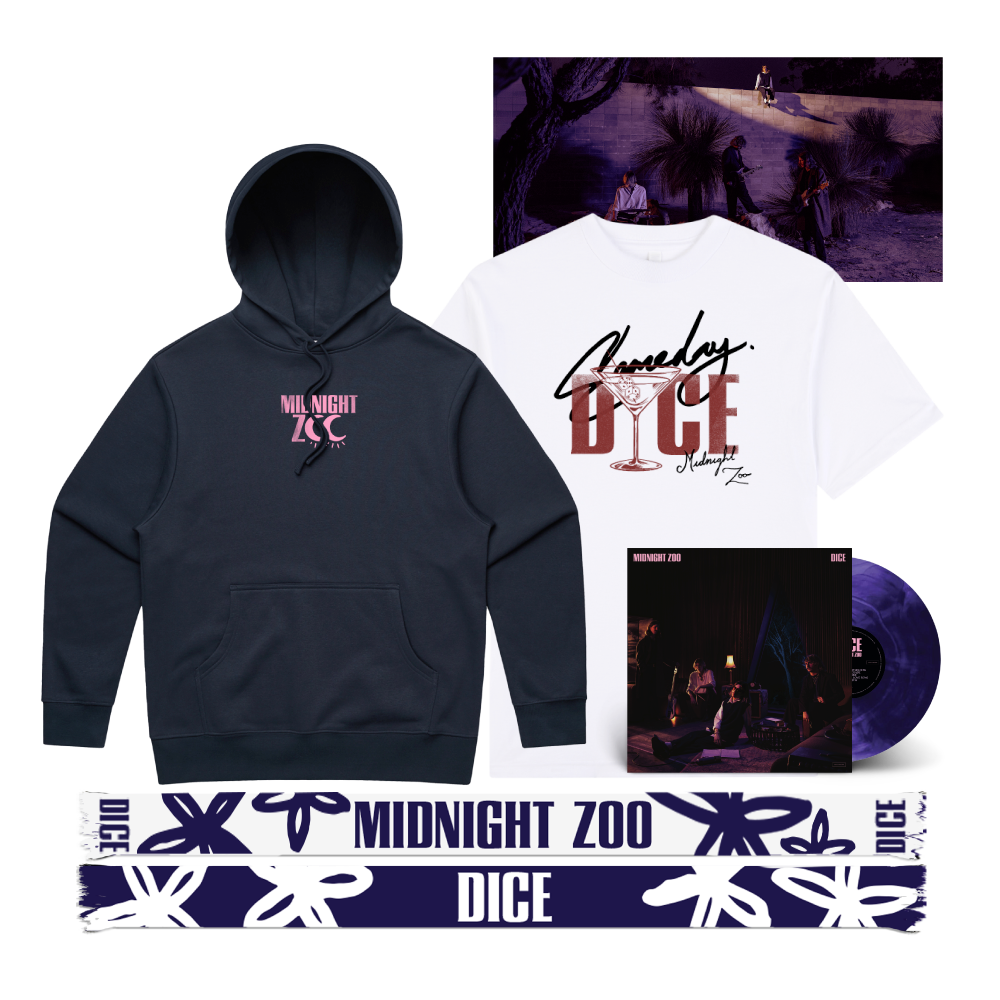 DICE / Midnight Zoo LP Purple & Black Marble Vinyl, Hoodie, T-Shirt & Scarf Bundle