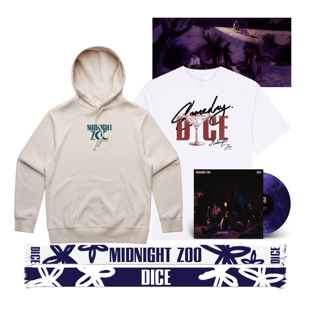 DICE / Midnight Zoo LP Purple & Black Marble Vinyl, Hoodie, T-Shirt & Scarf Bundle