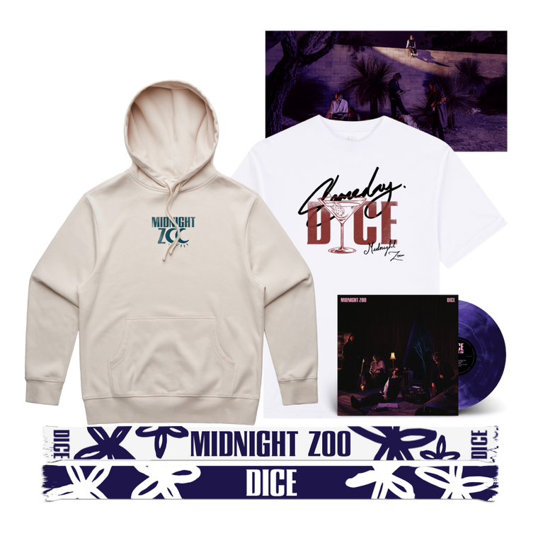 DICE / Midnight Zoo LP Purple & Black Marble Vinyl, Hoodie, T-Shirt & Scarf Bundle