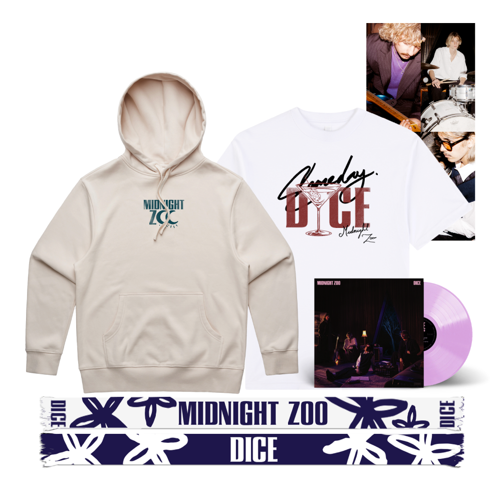 DICE / Midnight Zoo LP Clear Pink Vinyl, Hoodie, T-Shirt & Scarf Bundle