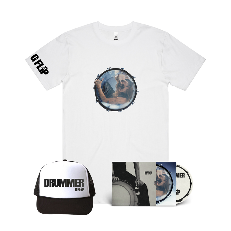 G Flip / DRUMMER CD, White T-Shirt & White Trucker Hat Bundle
