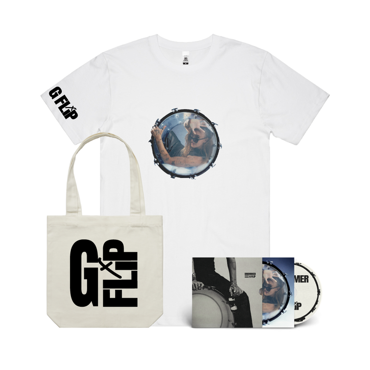 G Flip / DRUMMER CD, White T-Shirt & Cream Tote Bundle