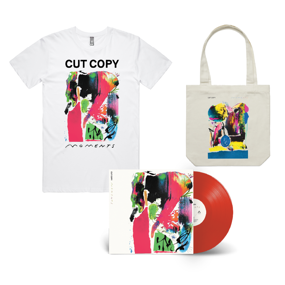 Cut Copy / Moments Red LP, White T-Shirt and Tote Bag