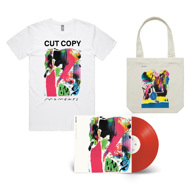 Cut Copy / Moments Red LP, White T-Shirt and Tote Bag