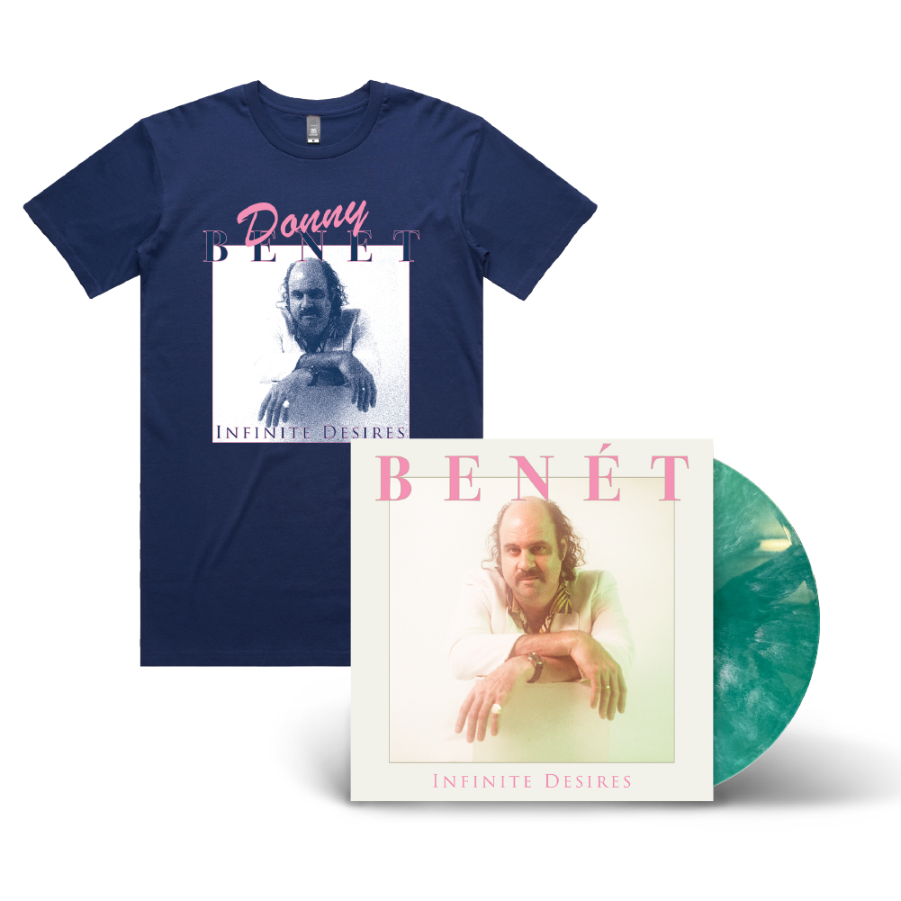 Donny Benét / Infinite Desires LP LIMITED EDITION Green and White Vinyl & Blue T-Shirt Bundle