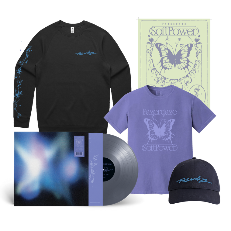 Fazerdaze / Soft Power LP Silver Vinyl, Crew, T-Shirt, Cap & Poster Bundle ***PRE-ORDER***