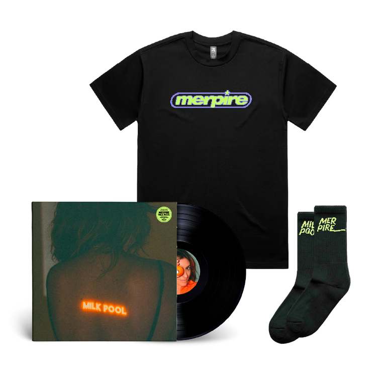 Merpire / MILK POOL LP Black Vinyl, Neon Logo T-Shirt & Socks Bundle