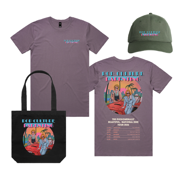 Pop Culture Parenting / Mauve Tee, Green Cap & Tote