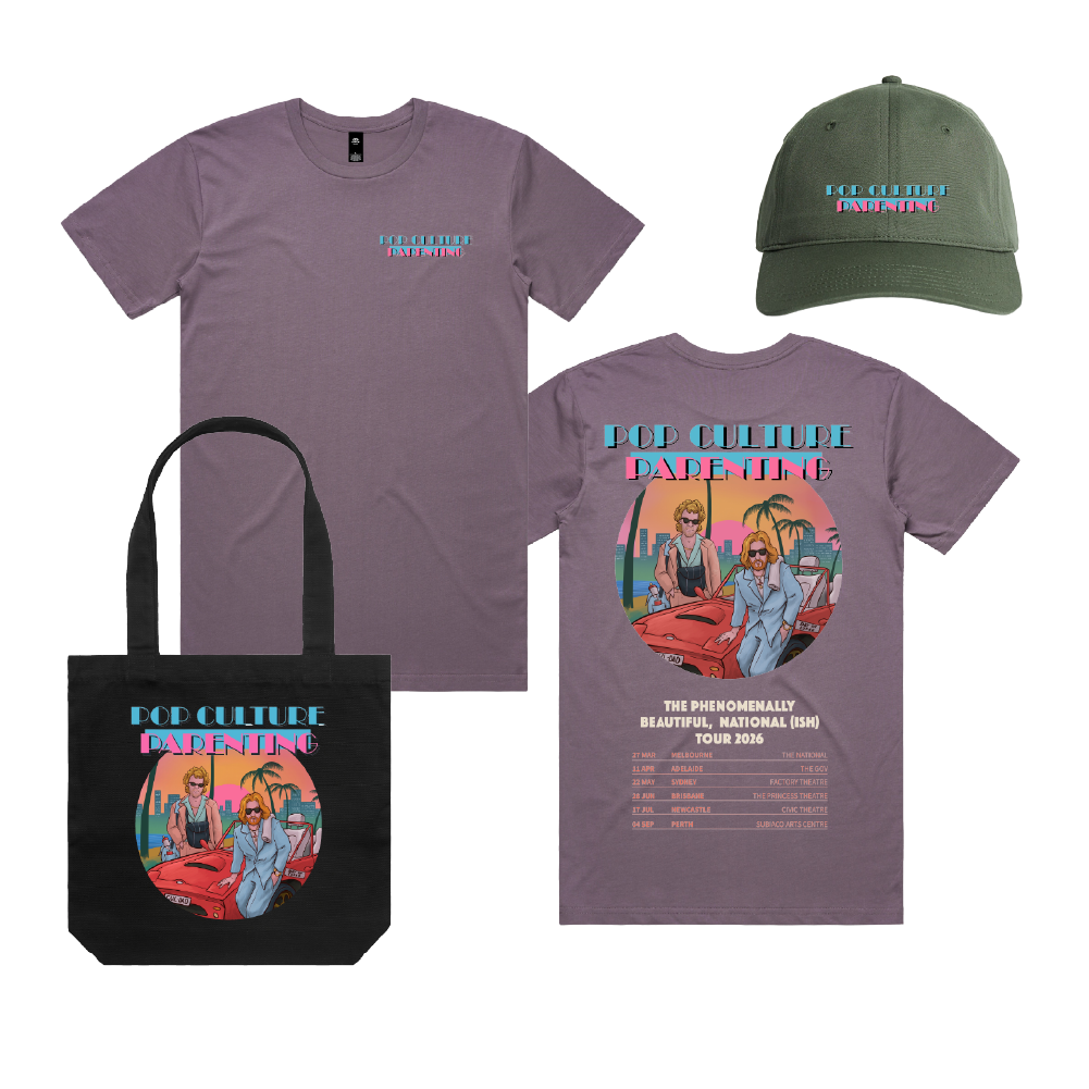 Pop Culture Parenting / Mauve Tee, Green Cap & Tote