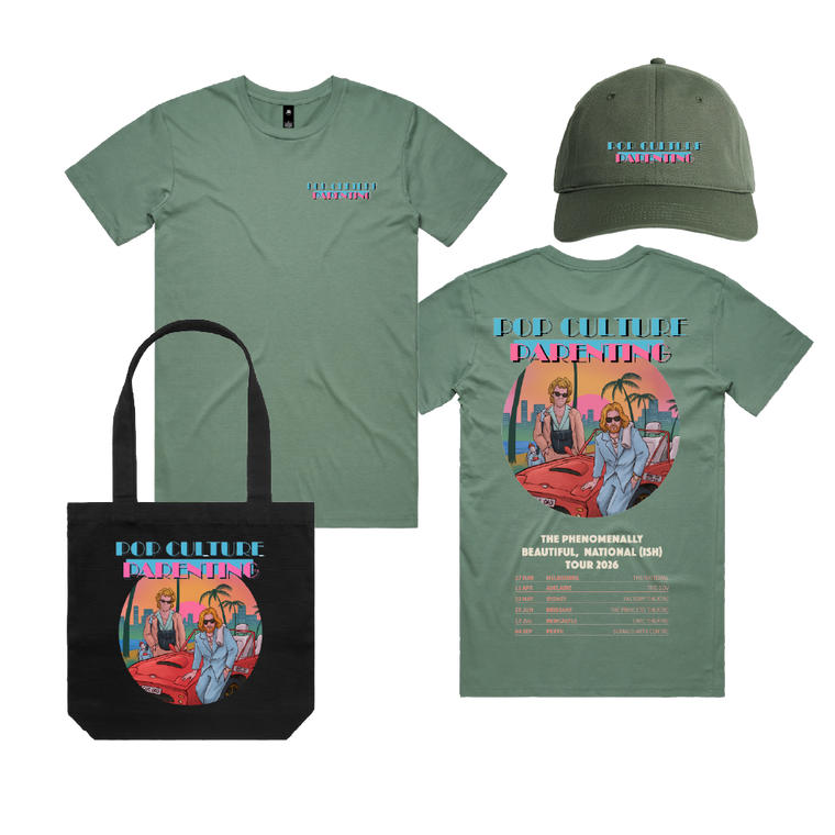 Pop Culture Parenting / Sage Tee, Green Cap & Tote