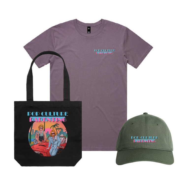 Pop Culture Parenting / Mauve Tee, Green Cap & Tote ***PRE-ORDER***