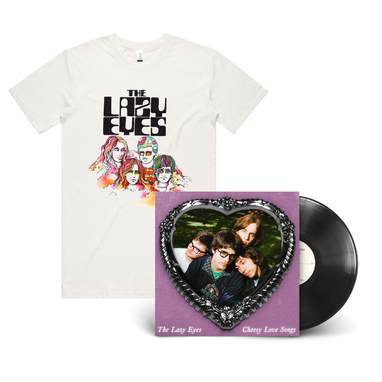 The Lazy Eyes / Cheesy Love Songs LP Black Vinyl & Montero Faces Natural T-Shirt Bundle