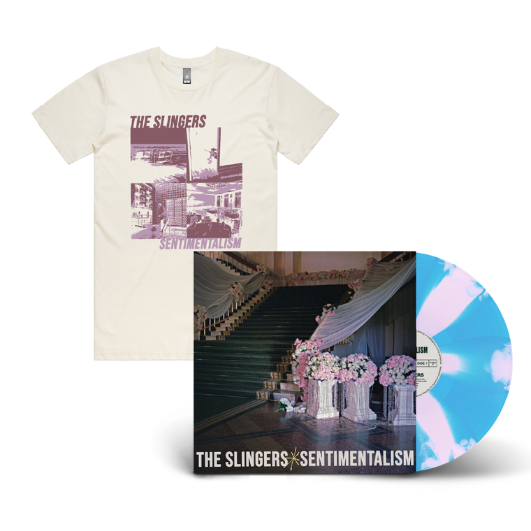 The Slingers / Sentimentalism LP Blue & Pink Cornetto Vinyl & Natural T-Shirt Bundle