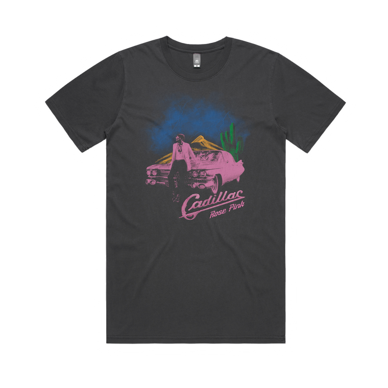 Vintage Pink Cadillac With Back Print / Faded Black T-Shirt