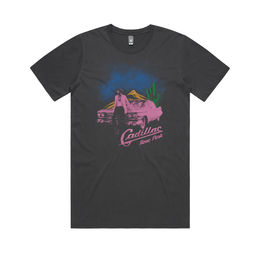 Vintage Pink Cadillac With Back Print / Faded Black T-Shirt
