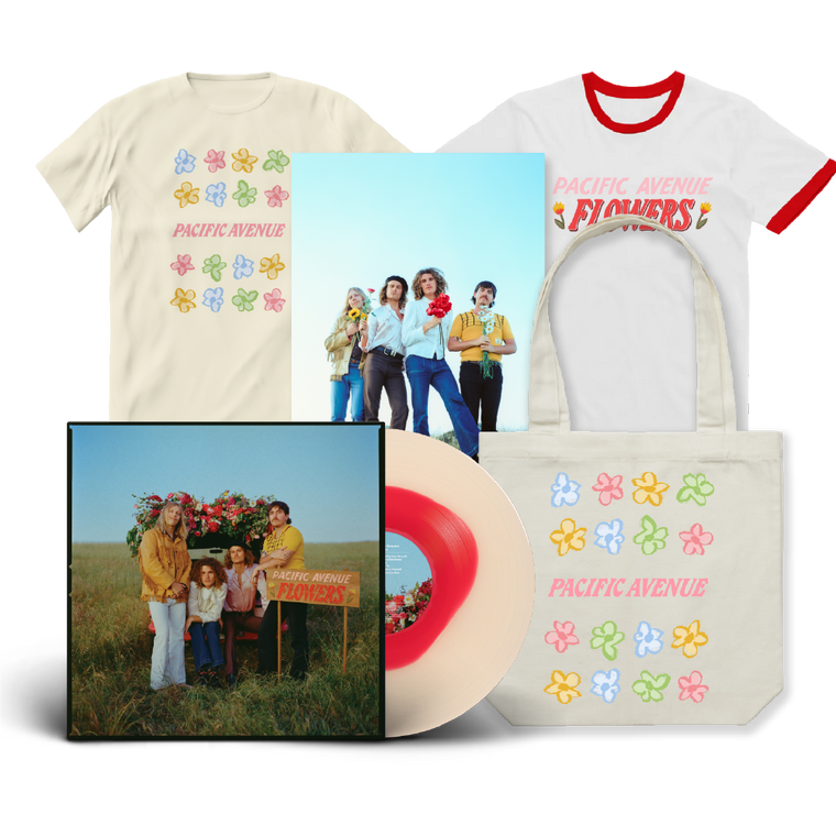 Pacific Avenue / Flowers LP Limited Edition White & Red Vinyl, Natural T-Shirt, Ringer T-Shirt & Creme Tote Bundle
