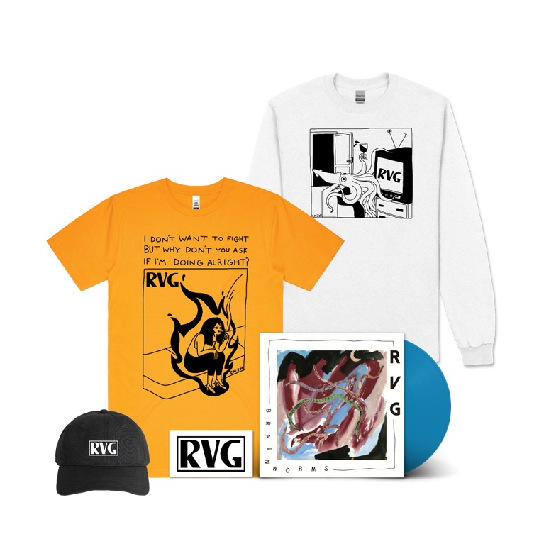 RVG / 'Brain Worms' Blue Vinyl LP,  'Nothing' Gold T-Shirt, 'Squid' White Long Sleeve & Cap Bundle