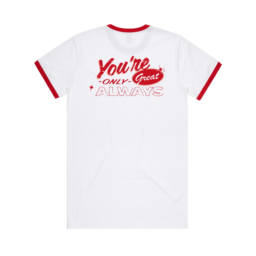 Y.O.G.A. / You're Only Great Always / White & Red Ringer t-shirt