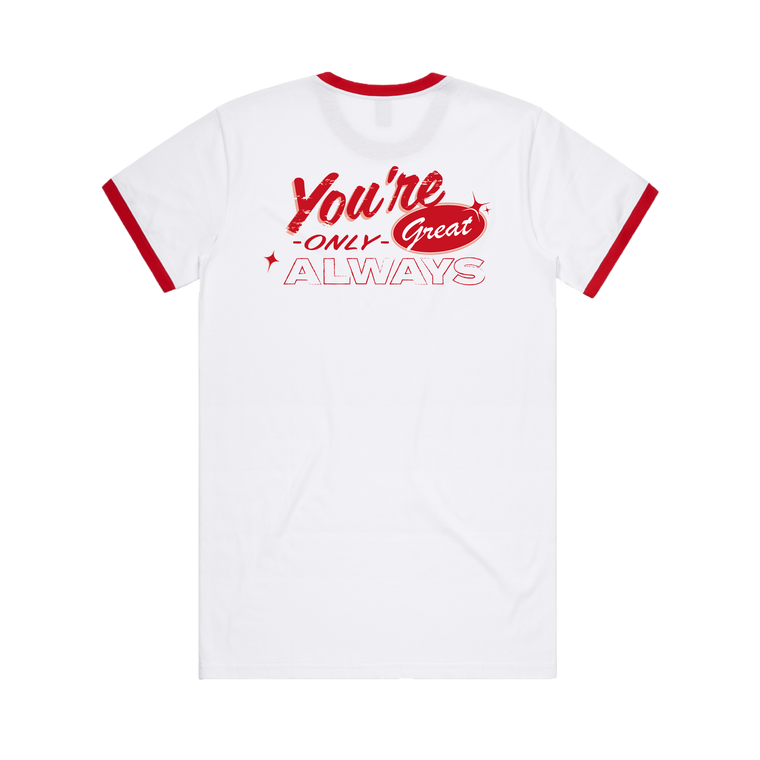 Y.O.G.A. / You're Only Great Always / White & Red Ringer t-shirt