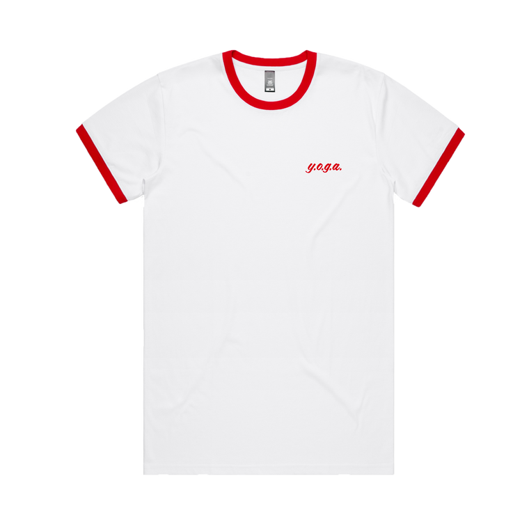 Y.O.G.A. / You're Only Great Always / White & Red Ringer t-shirt