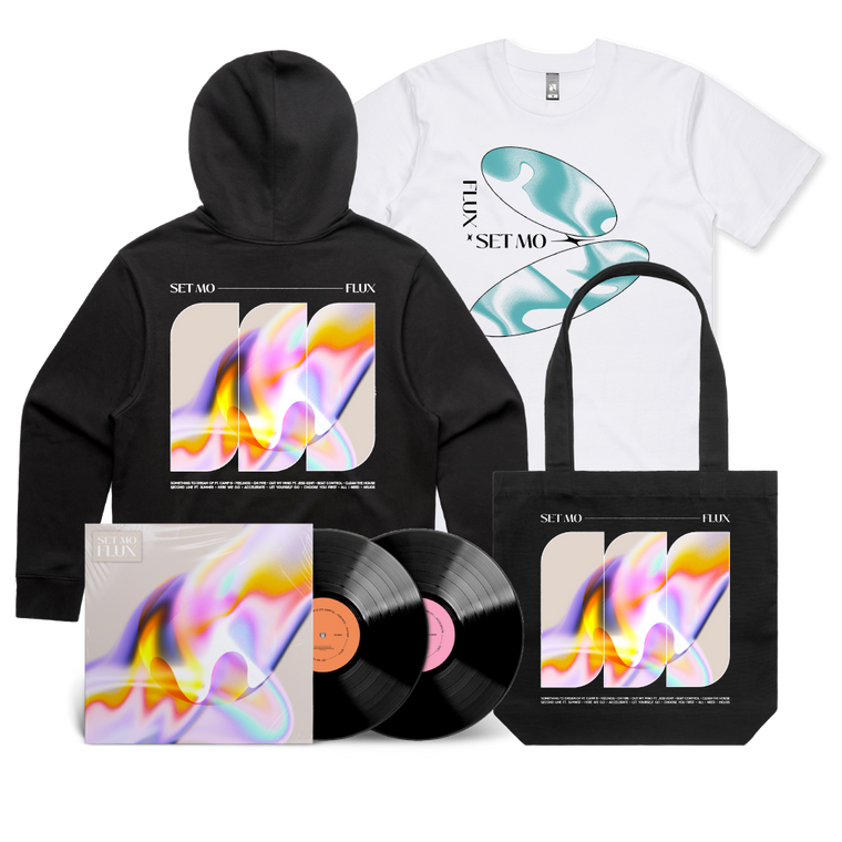 Set Mo / Flux White T-Shirt, Black Hood, Black Tote & Vinyl Bundle