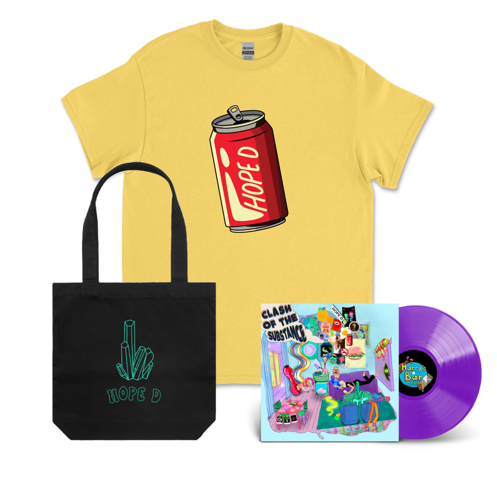 Hope D / Clash Of The Substance Teal & Purple Marble Vinyl, Yellow Coke Can T-Shirt & Emerald Black Tote Bundle