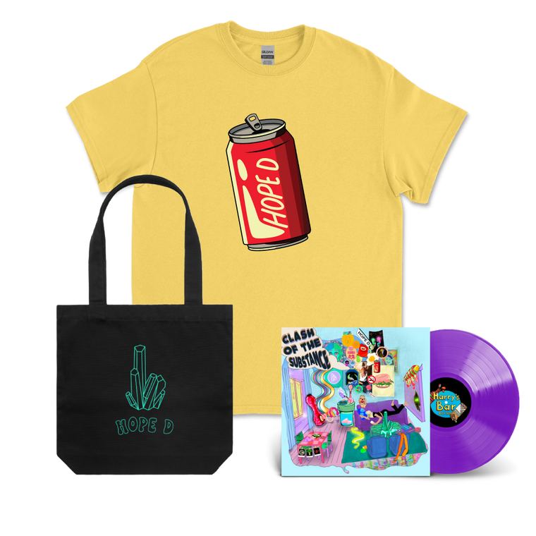 Hope D / Clash Of The Substance Teal & Purple Marble Vinyl, Yellow Coke Can T-Shirt & Emerald Black Tote Bundle