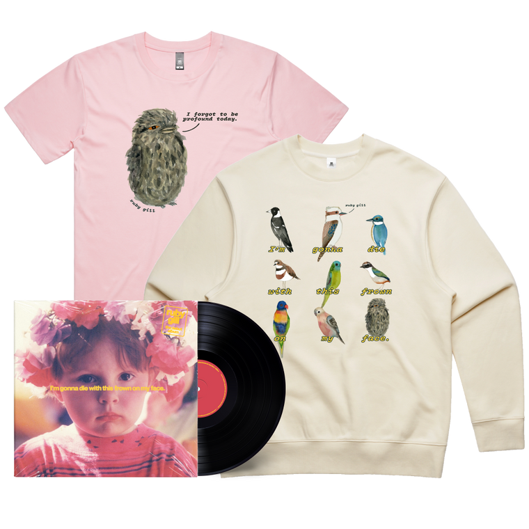 Ruby Gill / I’m gonna die with this frown on my face Black Vinyl, Birds Crew + Profound Bird T-Shirt Bundle