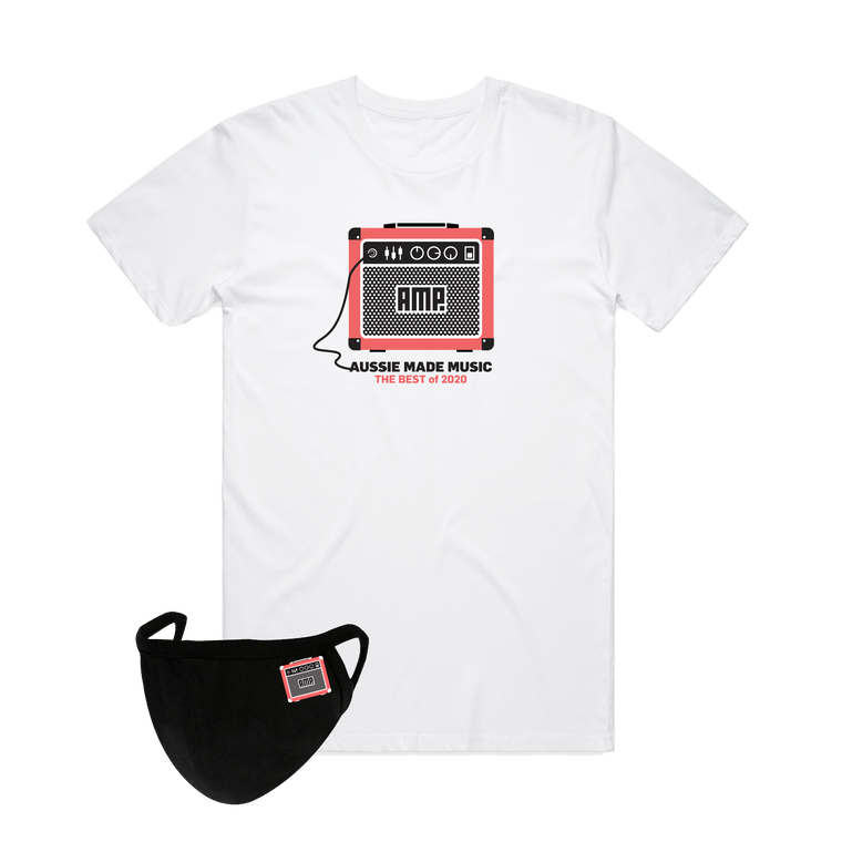 Aussie Made Music / White T-shirt w Coral + Mask