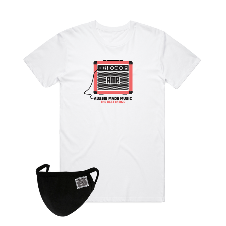 Aussie Made Music / White T-shirt w Coral + Mask