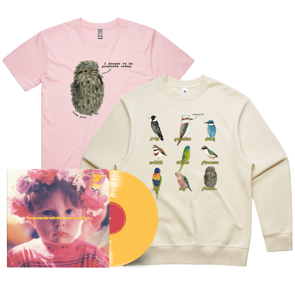 Ruby Gill / I’m gonna die with this frown on my face Yellow Vinyl, Birds Crew + Profound Bird T-Shirt Bundle