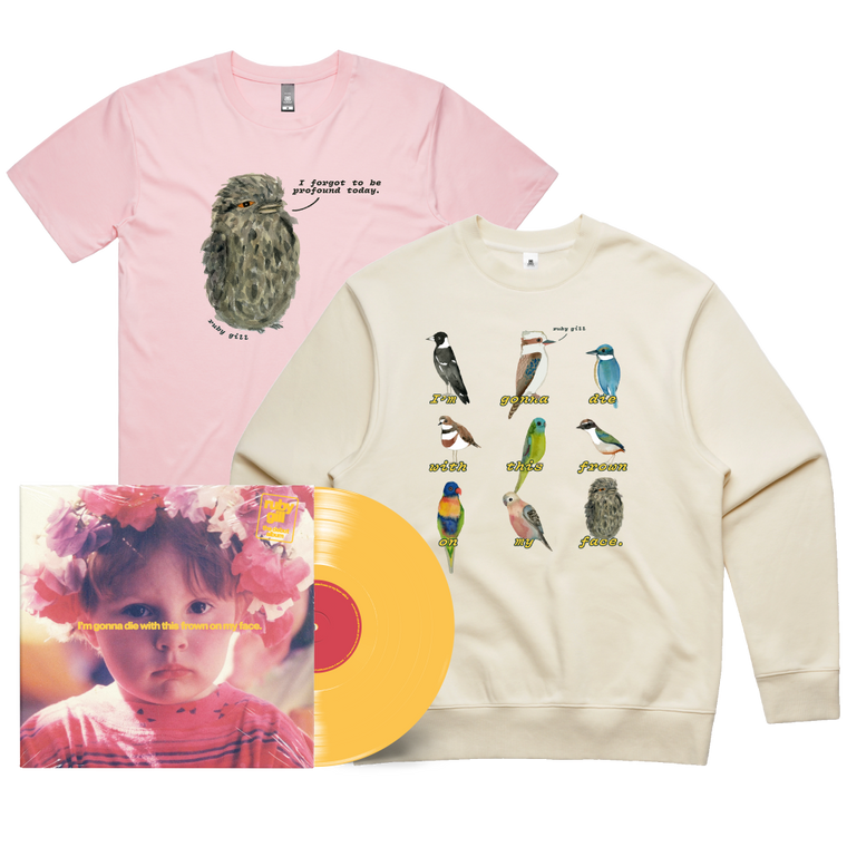 Ruby Gill / I’m gonna die with this frown on my face Yellow Vinyl, Birds Crew + Profound Bird T-Shirt Bundle